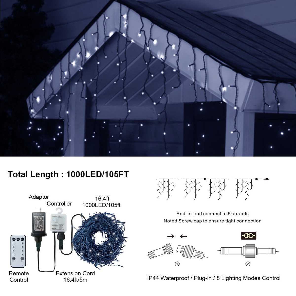 1000 LED 105 ft icicle fairy lights on a roof, with controller, remote and extension cord shown