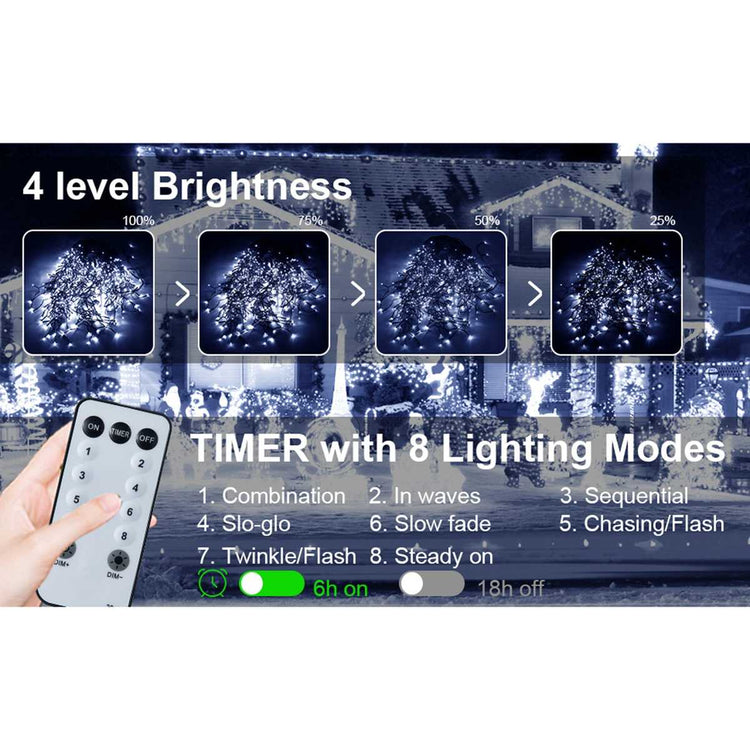Remote control for the icicle fairy lights showing 4 brightness levels, 8 lighting modes and timer