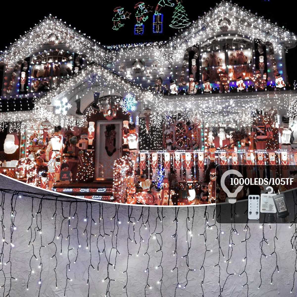 House roofline decorated with cold white 1000 LED icicle curtain fairy lights