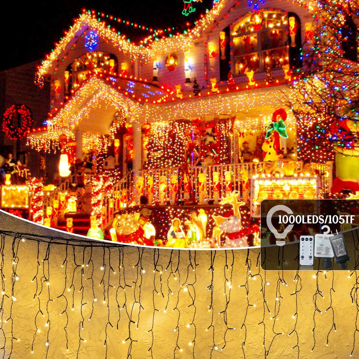 House roofline decorated with warm white 1000 LED icicle curtain fairy lights