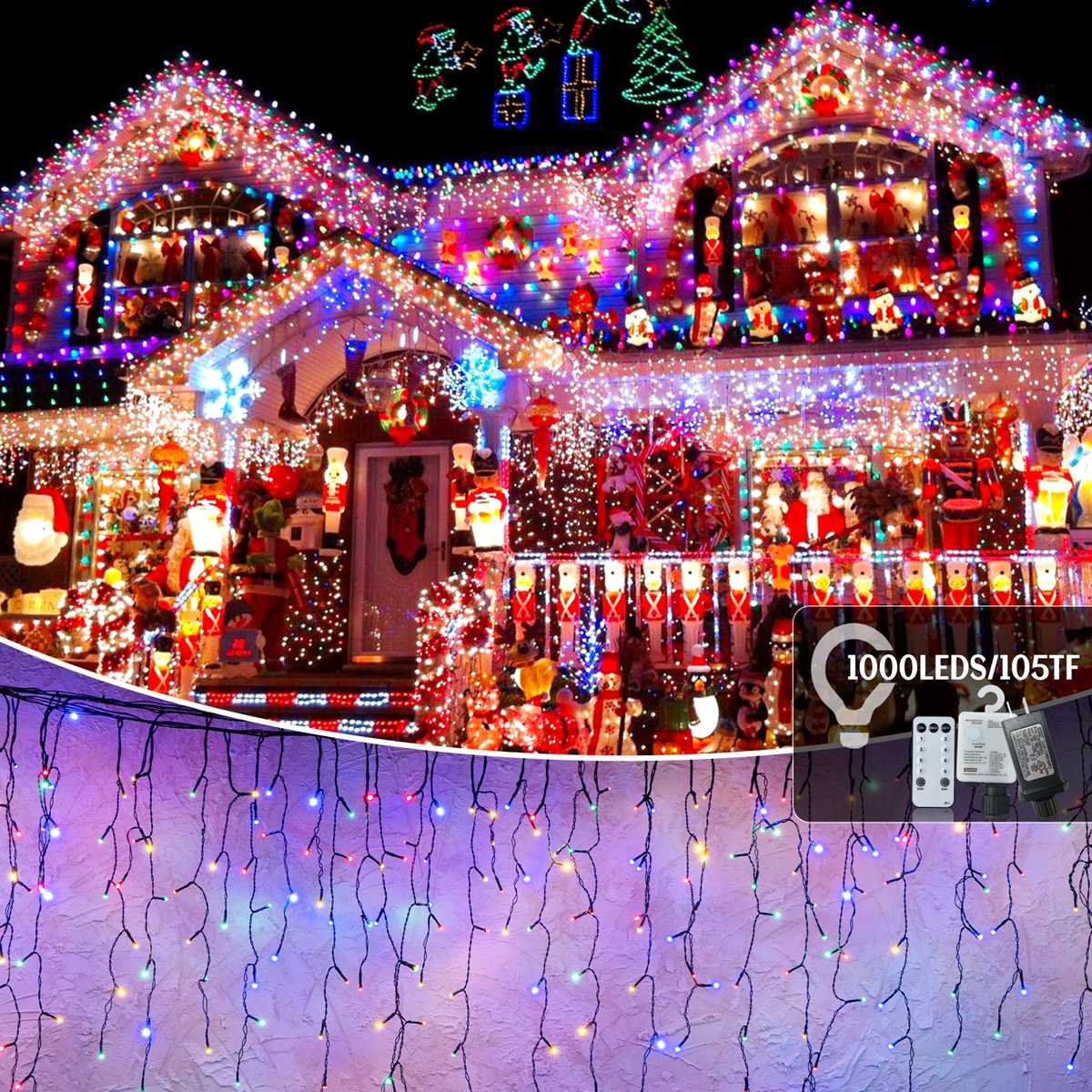House roofline decorated with multicolor 1000 LED icicle curtain fairy lights