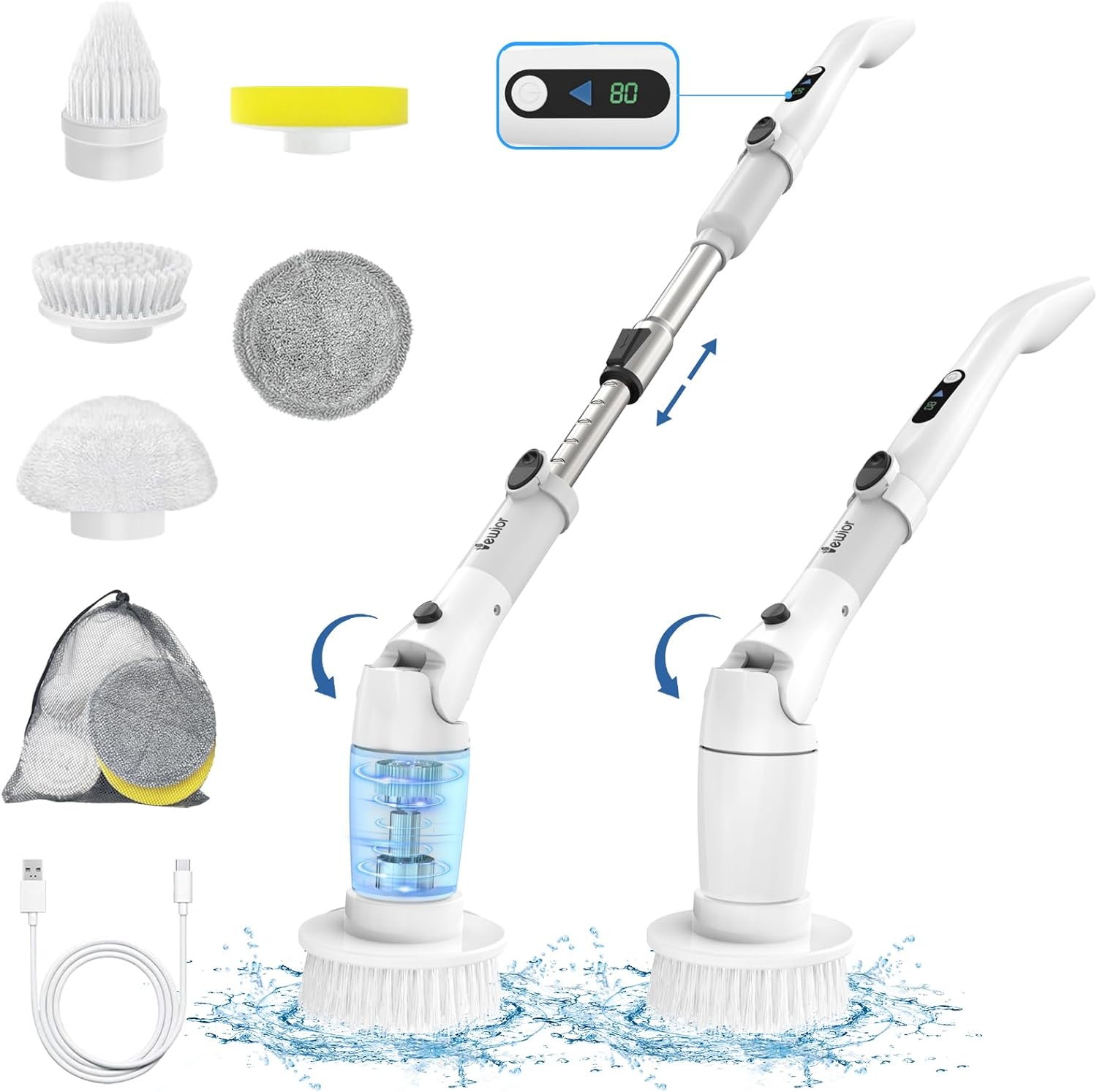 VEWIOR Electric Spin Scrubber, Cordless Cleaning Brush with Display and 3 Adjustable Angle 2 Speeds 5 Replaceable Brush Heads
