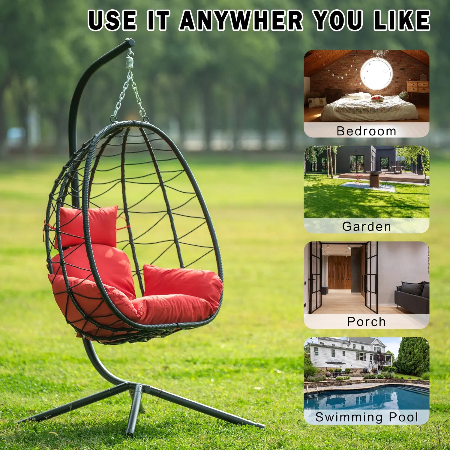 Stand Indoor Outdoor Swing Chair Patio Wicker Hanging Egg Chair Hanging Basket Chair Hammock Chair with Stand