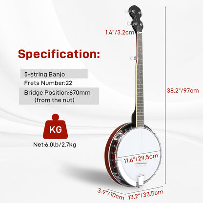 Full Size 5 String Right Handed Banjos Set with Closed Solid Sapele Back & Premium Mahogany Neck and Premium Accessories MLNshops]