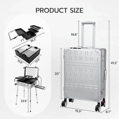 Makeup Train Case with Mirror and Lights, Free Standing Portable Vanity Station w/Wheels and Speakers, Professional Rolling Cosmetic Trolley