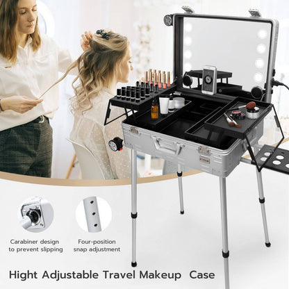 Makeup Train Case with Mirror and Lights, Free Standing Portable Vanity Station w/Wheels and Speakers, Professional Rolling Cosmetic Trolley