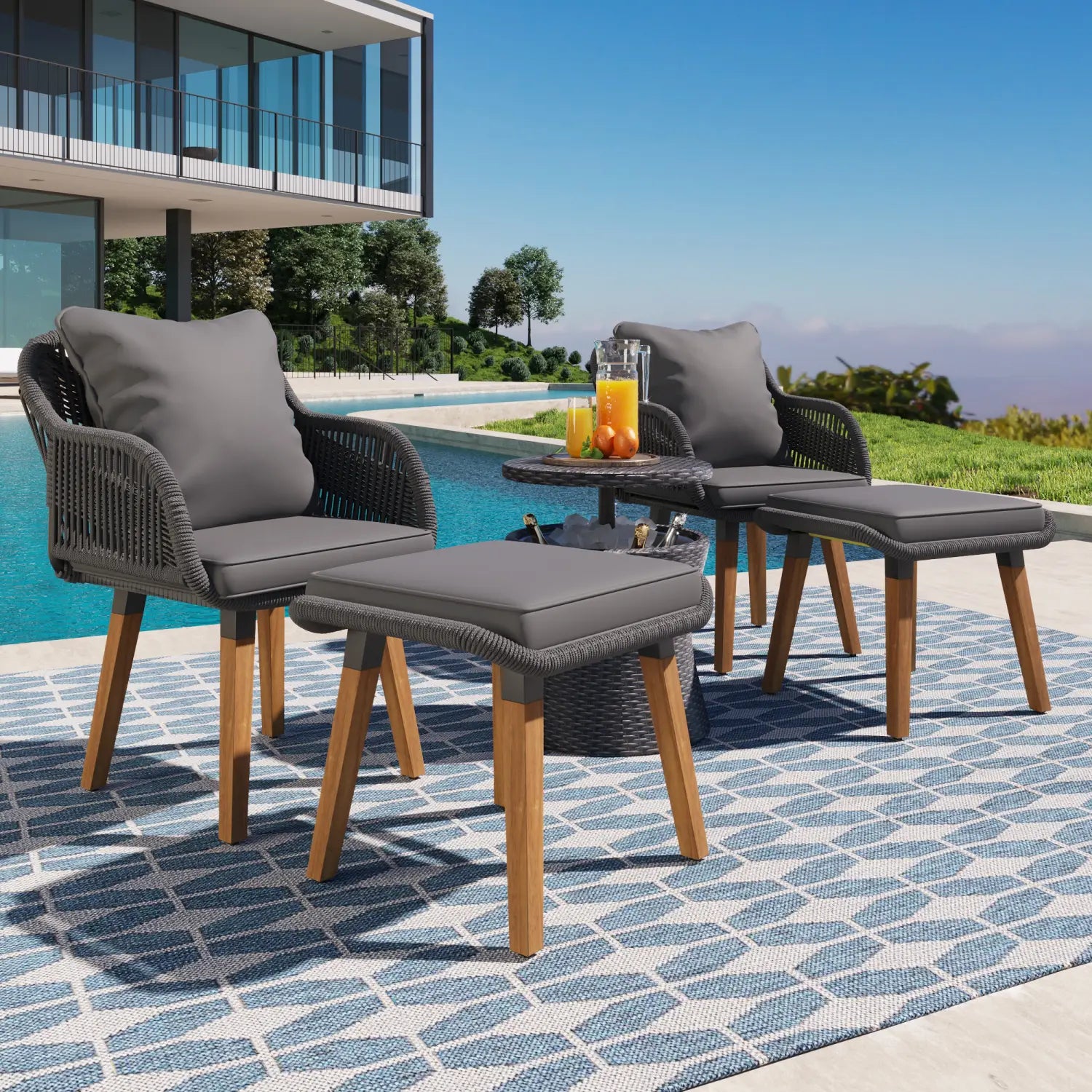 K&K 5 Pieces Patio Furniture Chair Sets Patio Conversation Set With Wicker Cool Bar Table Ottomans,Outdoor Furniture