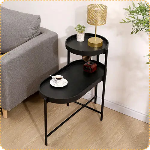 2-Tier Black Side Table with Storage Sofa Table for Living Room Metal Frame & Wooden Desk End Table