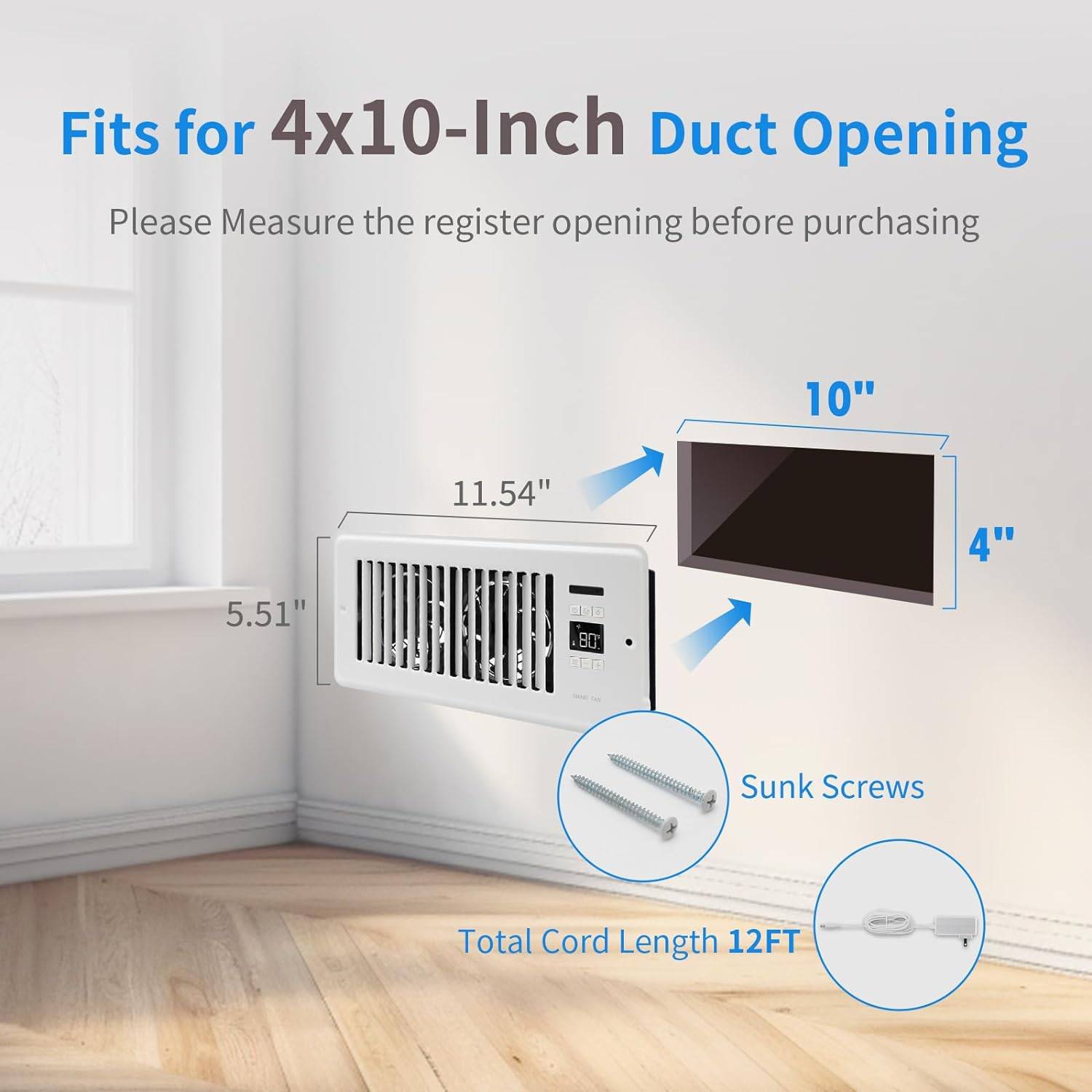 4” x 10” Ultra-Quiet Register Booster Fan Auto-Fan Speed Adjust with Thermostat Control Ac Vent Booster Fan for Better Heating and Cooling White