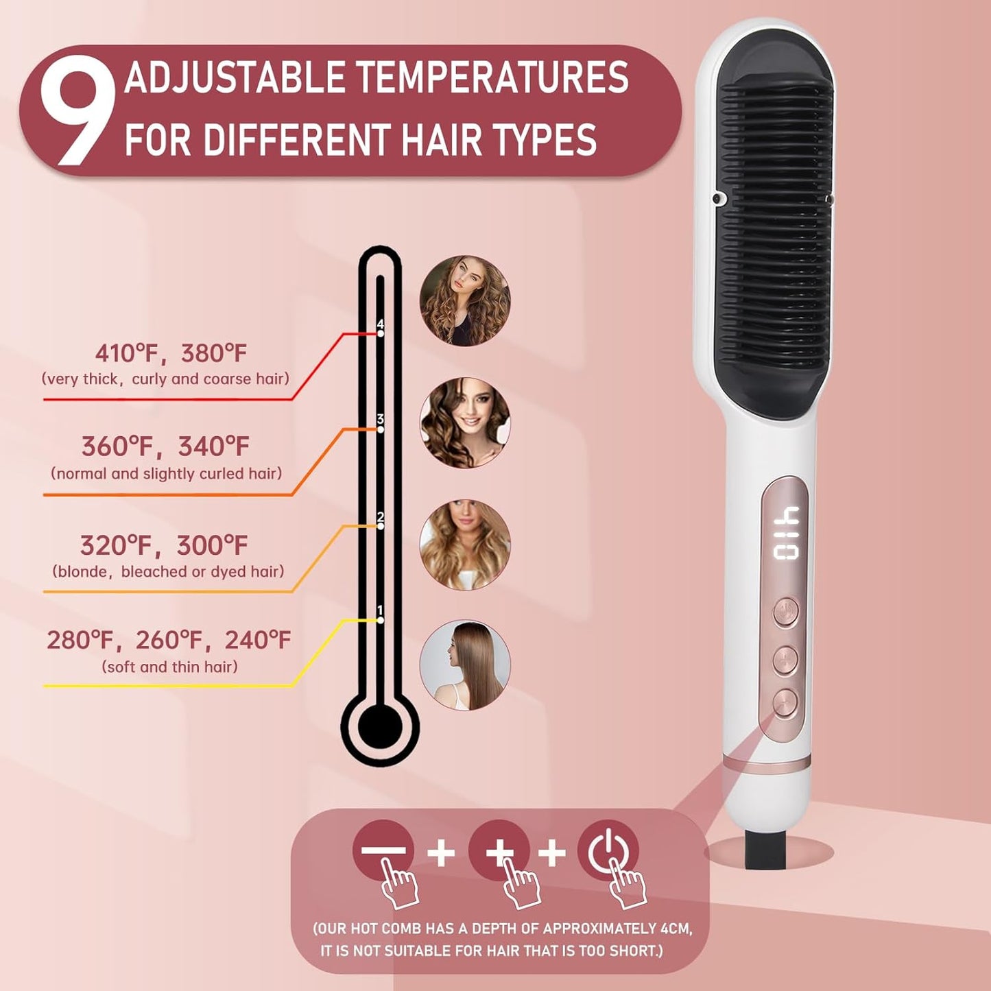 Negative Ionic Hair Straightener Brush with 9 Temp Settings, 30s Fast Heating,LED Display, Anti-Scald & Auto-Shut Off Hair Straightening Iron