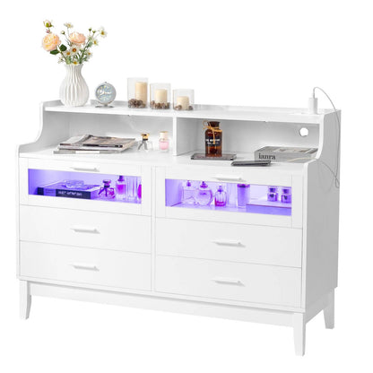 White Wood Tempered Glass Drawer Dresser with LED Light Strips & Charging Station & USB Ports Bed Table