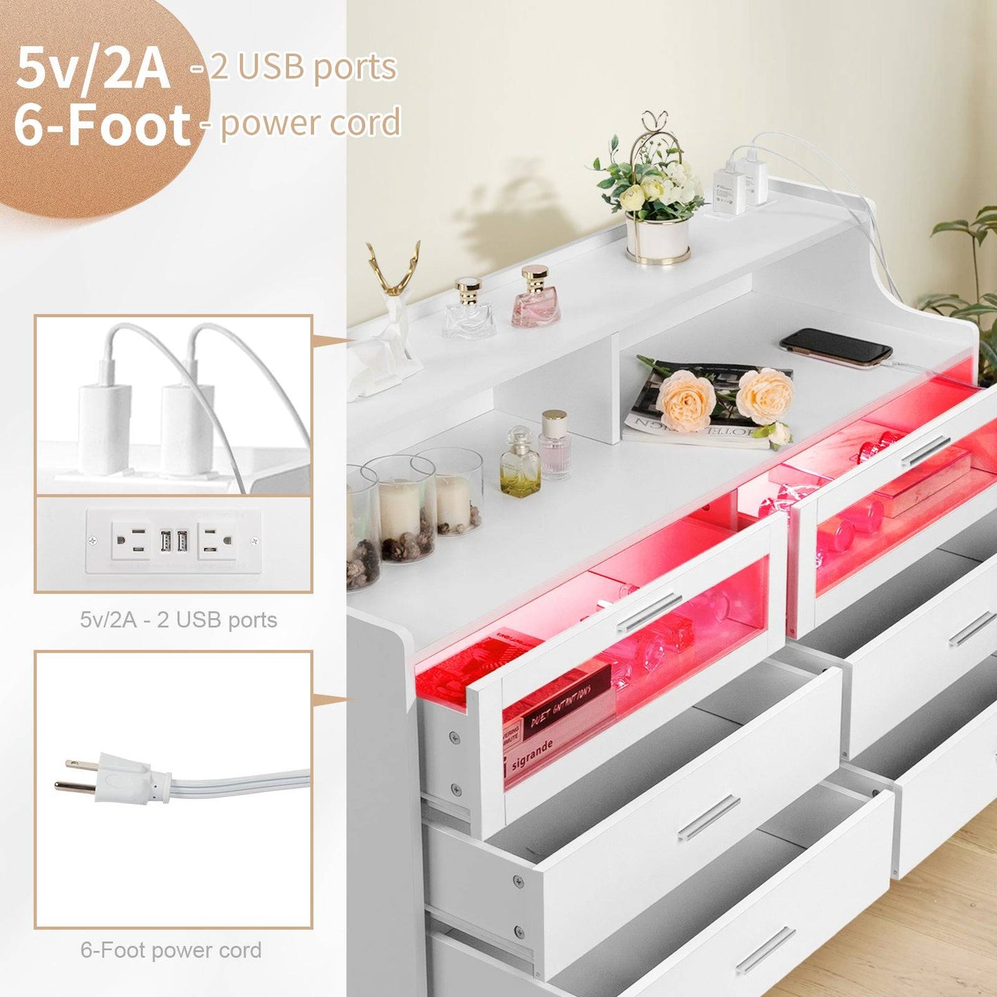 White Wood Tempered Glass Drawer Dresser with LED Light Strips & Charging Station & USB Ports Bed Table