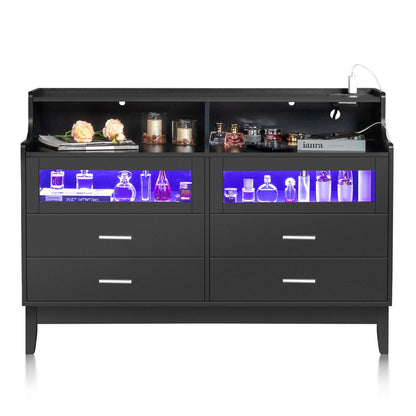 Black Wood Tempered Glass Drawer Dresser with LED Light Strips & Charging Station & USB Ports Bed Table
