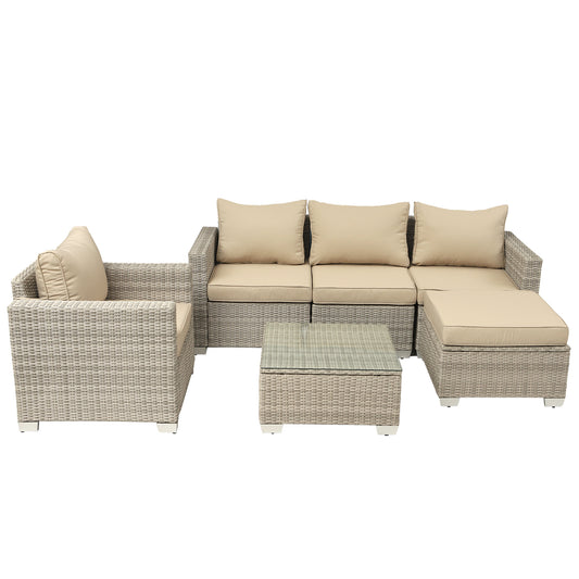 Patio Furniture,6 Pieces Outdoor Wicker Furniture Set Patio Rattan Sectional Conversation Sofa Set with Ottoman and Glass Top Table 