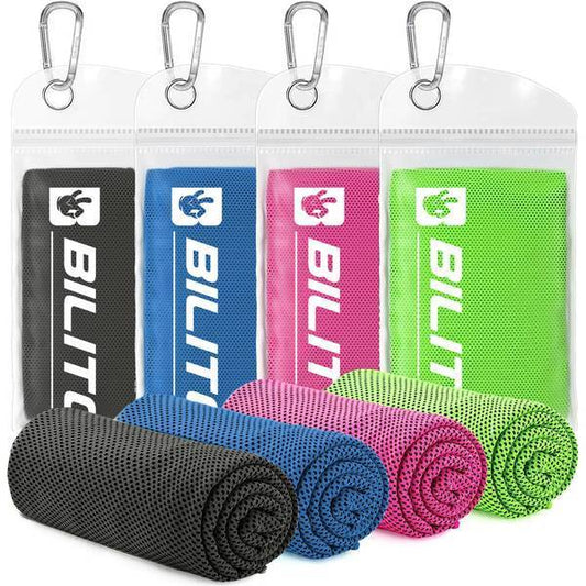 Superfiber Cooling Towel set in black, blue, pink, and green with carabiner pouches for outdoor sports and rapid sweat absorption.