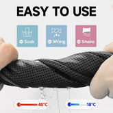 Superfiber Ice Towel Neck shown being soaked, wrung, and shaken for instant cooling; ideal for active lifestyles and heat relief.