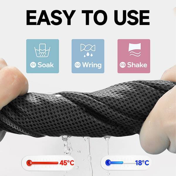 Superfiber Ice Towel Neck shown being soaked, wrung, and shaken for instant cooling; ideal for active lifestyles and heat relief.