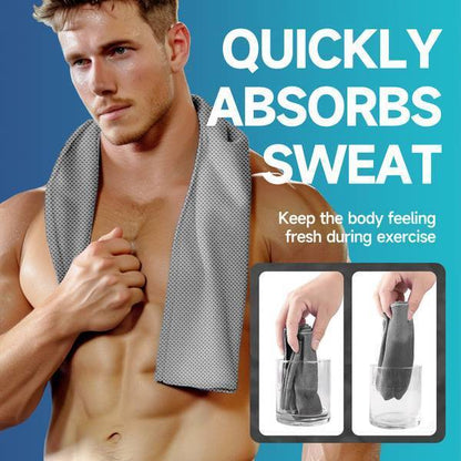 Man using Superfiber Cooling Towel around neck, demonstrating sweat absorption and freshness during workouts or outdoor activities.