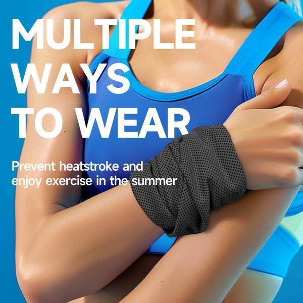 Woman wearing Superfiber Cooling Towel on wrist, showing versatile wear options to prevent heatstroke during summer exercise.