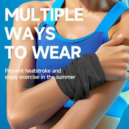 Woman wearing Superfiber Cooling Towel on wrist, showing versatile wear options to prevent heatstroke during summer exercise.