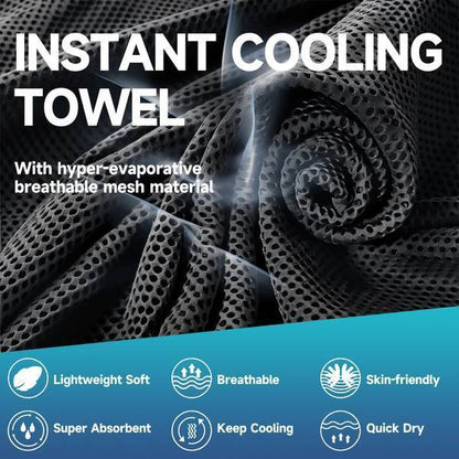 Close-up of breathable mesh Superfiber Cooling Towel with icons highlighting lightweight, quick-dry, and skin-friendly features.
