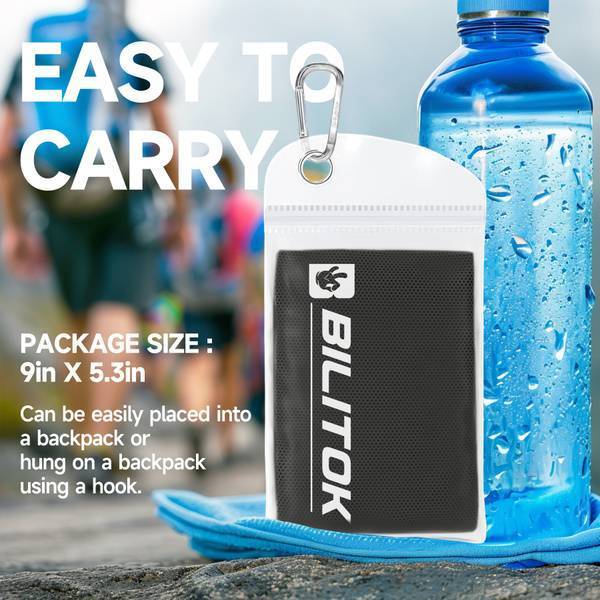 Black Superfiber Cooling Towel in compact pouch with carabiner, easy to carry and store in backpacks for sports and travel.
