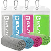 Set of Superfiber Cooling Towels in gray, blue, pink, and green with mesh texture and portable pouches for outdoor recreation.