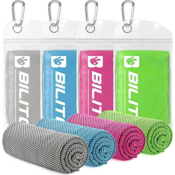 Set of Superfiber Cooling Towels in gray, blue, pink, and green with mesh texture and portable pouches for outdoor recreation.
