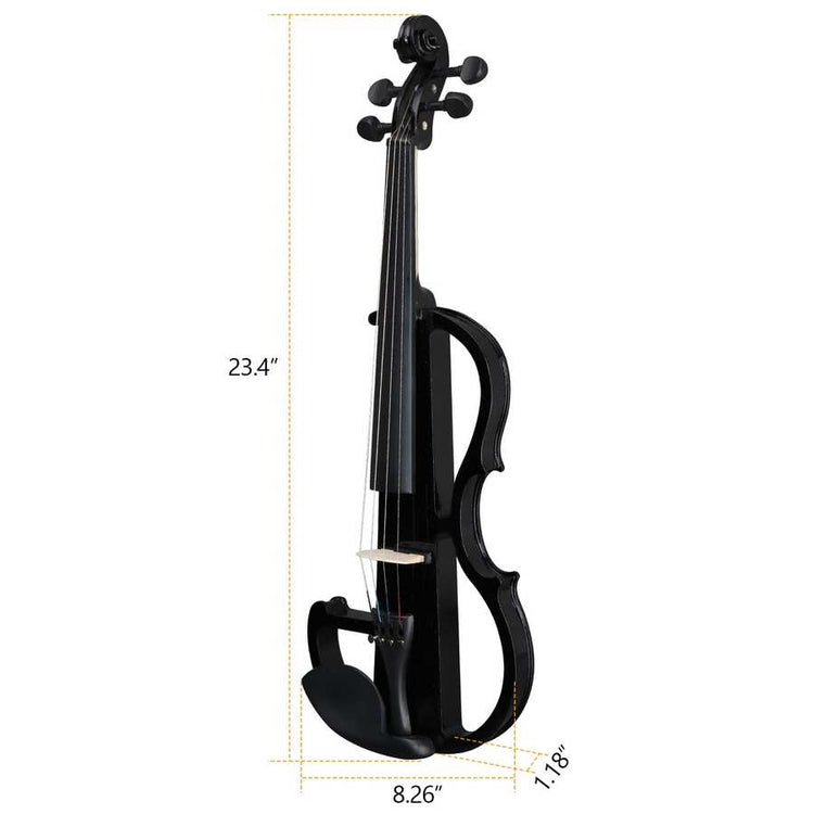 Black electric violin with dimensions labeled on a white background