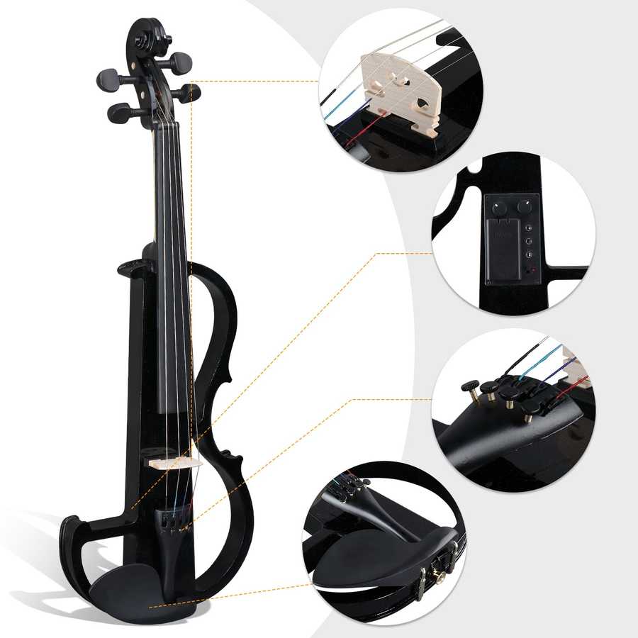 Black electric violin with close-up details on a white background