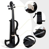 Black electric violin with close-up details on a white background