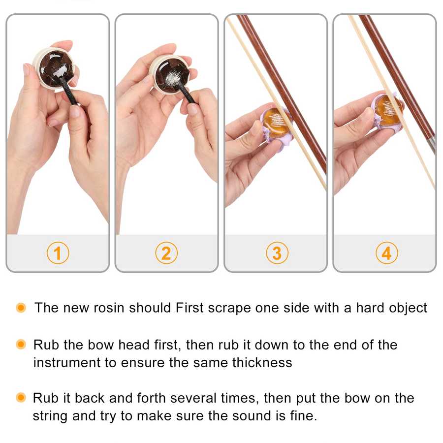 Step-by-step guide on applying rosin to a bow, with text instructions below.