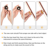 Step-by-step guide on applying rosin to a bow, with text instructions below.