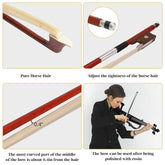 Detailed view of a violin bow with annotations on horse hair quality and use.