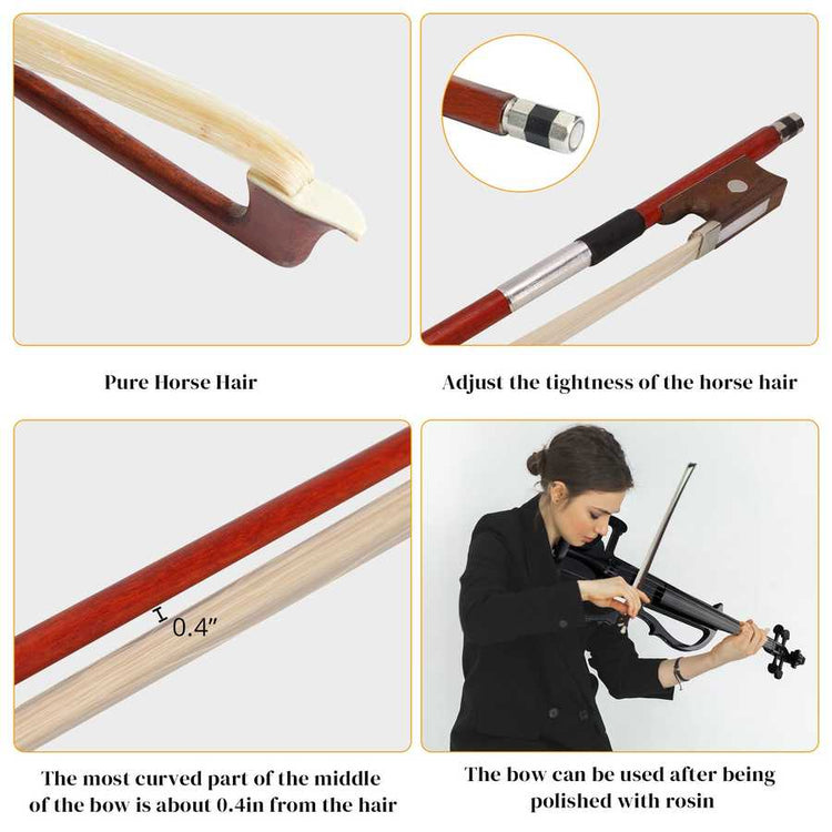 Detailed view of a violin bow with annotations on horse hair quality and use.