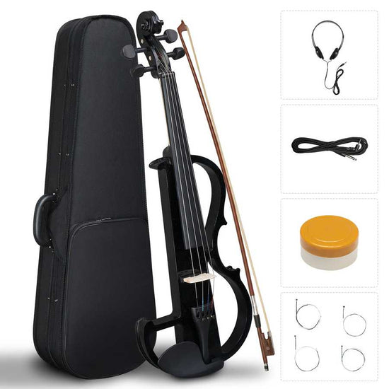 Black electric violin with accessories on a white background