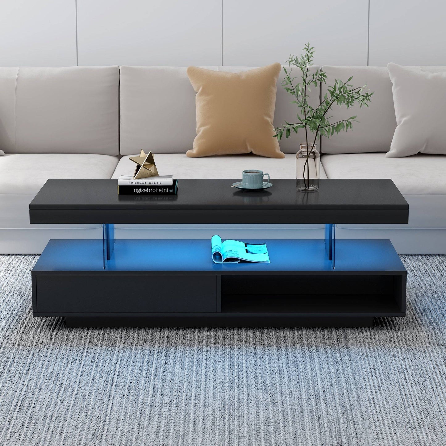 LED Coffee Table with Storage, Modern Center Table with 2 Drawers and Display Shelves, Accent Furniture with LED Lights for Living Room,Black