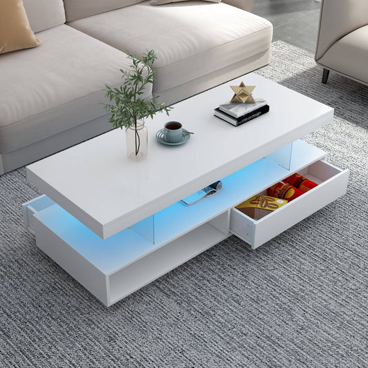LED Coffee Table with Storage, Modern Center Table with 2 Drawers and Display Shelves, Accent Furniture with LED Lights for Living Room,White