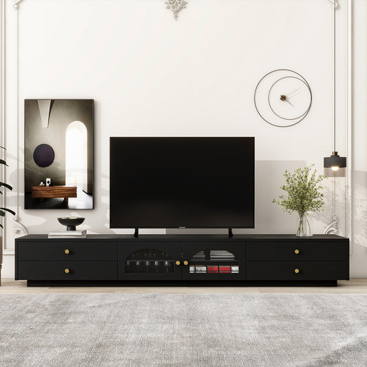 Luxurious TV Stand with Fluted Glass Doors, Elegant and Functional Media Console for TVs Up to 95'', Tempered Glass Shelf TV Cabinet, Black