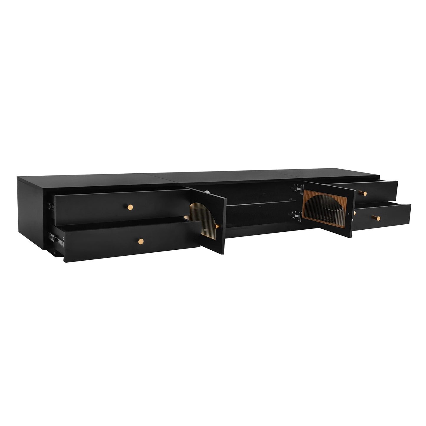 Luxurious TV Stand with Fluted Glass Doors, Elegant and Functional Media Console for TVs Up to 95'', Tempered Glass Shelf TV Cabinet, Black