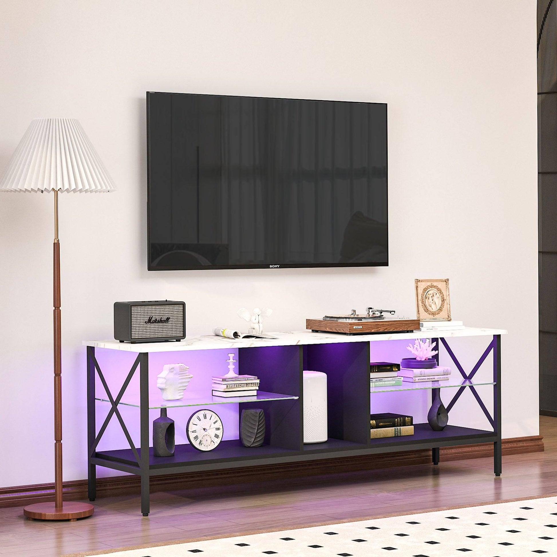 TV stand, Iron TV cabinet, entertainment center TV set, media console, with LED lights, remote control, toughened glass stand, color: white with marble texture