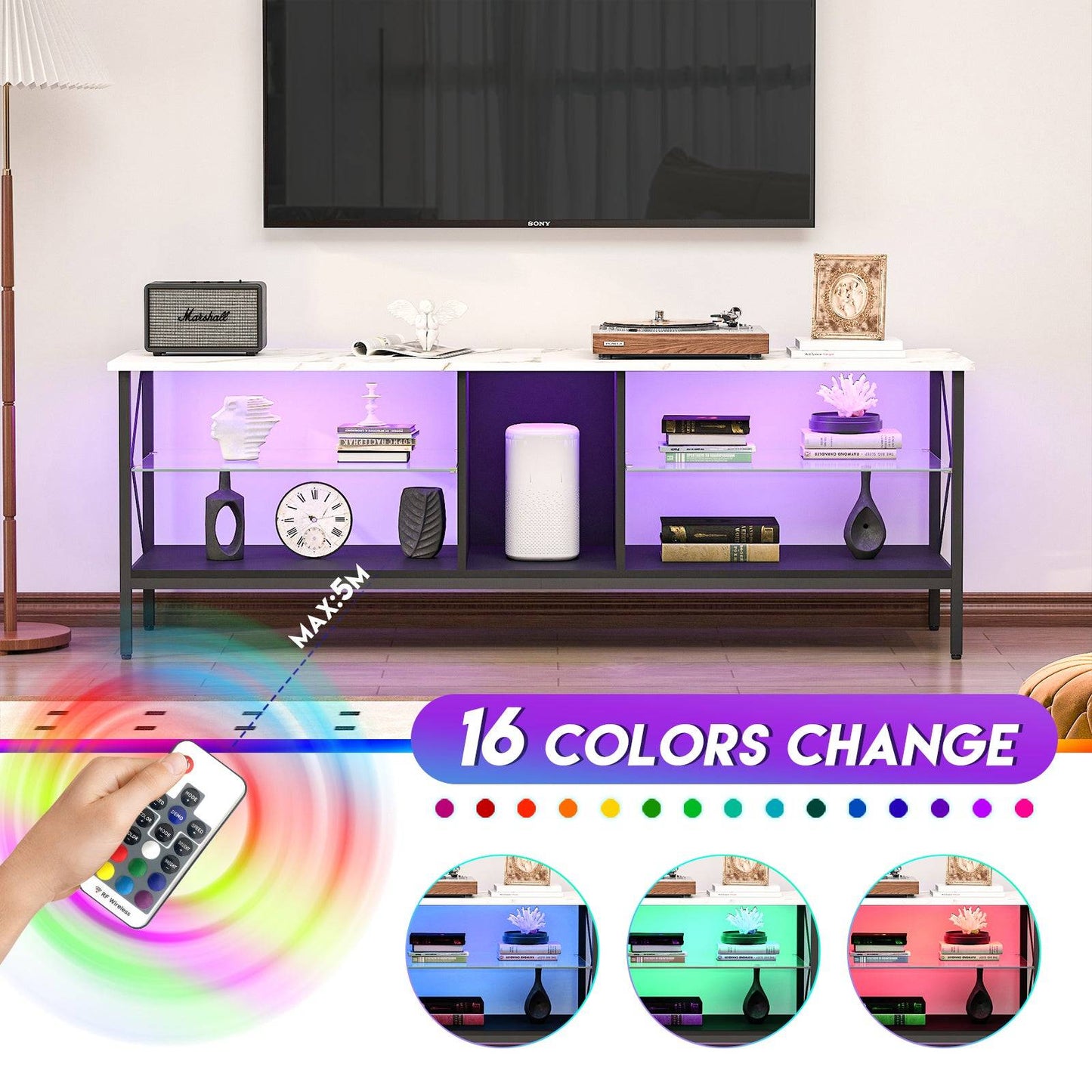 TV stand, Iron TV cabinet, entertainment center TV set, media console, with LED lights, remote control, toughened glass stand, color: white with marble texture