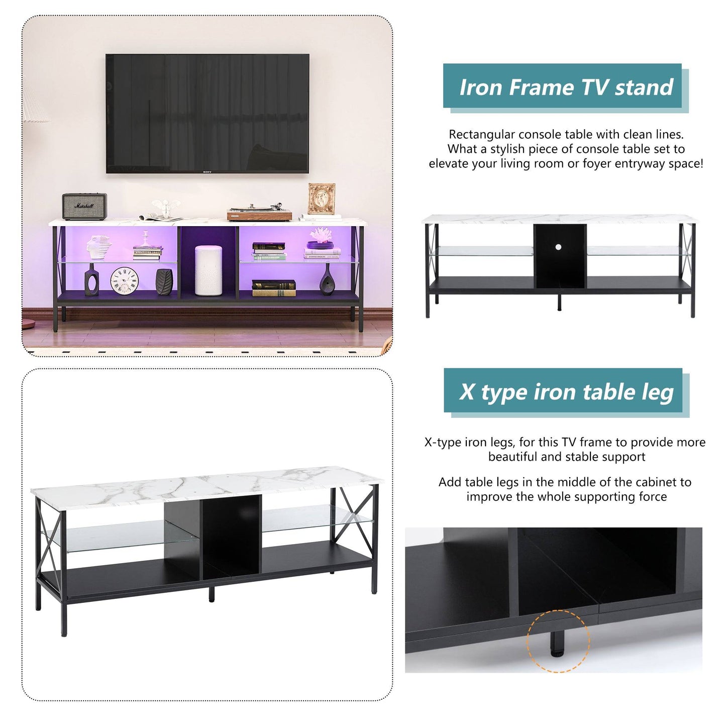 TV stand, Iron TV cabinet, entertainment center TV set, media console, with LED lights, remote control, toughened glass stand, color: white with marble texture