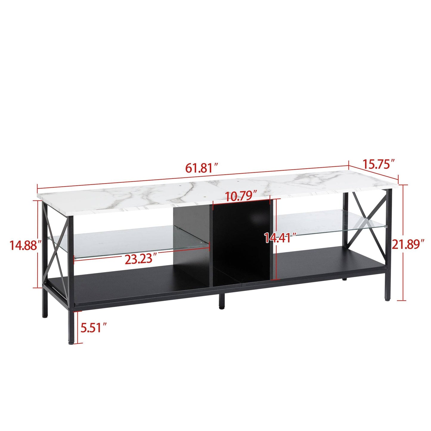 TV stand, Iron TV cabinet, entertainment center TV set, media console, with LED lights, remote control, toughened glass stand, color: white with marble texture