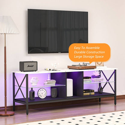 TV stand, Iron TV cabinet, entertainment center TV set, media console, with LED lights, remote control, toughened glass stand, color: white with marble texture