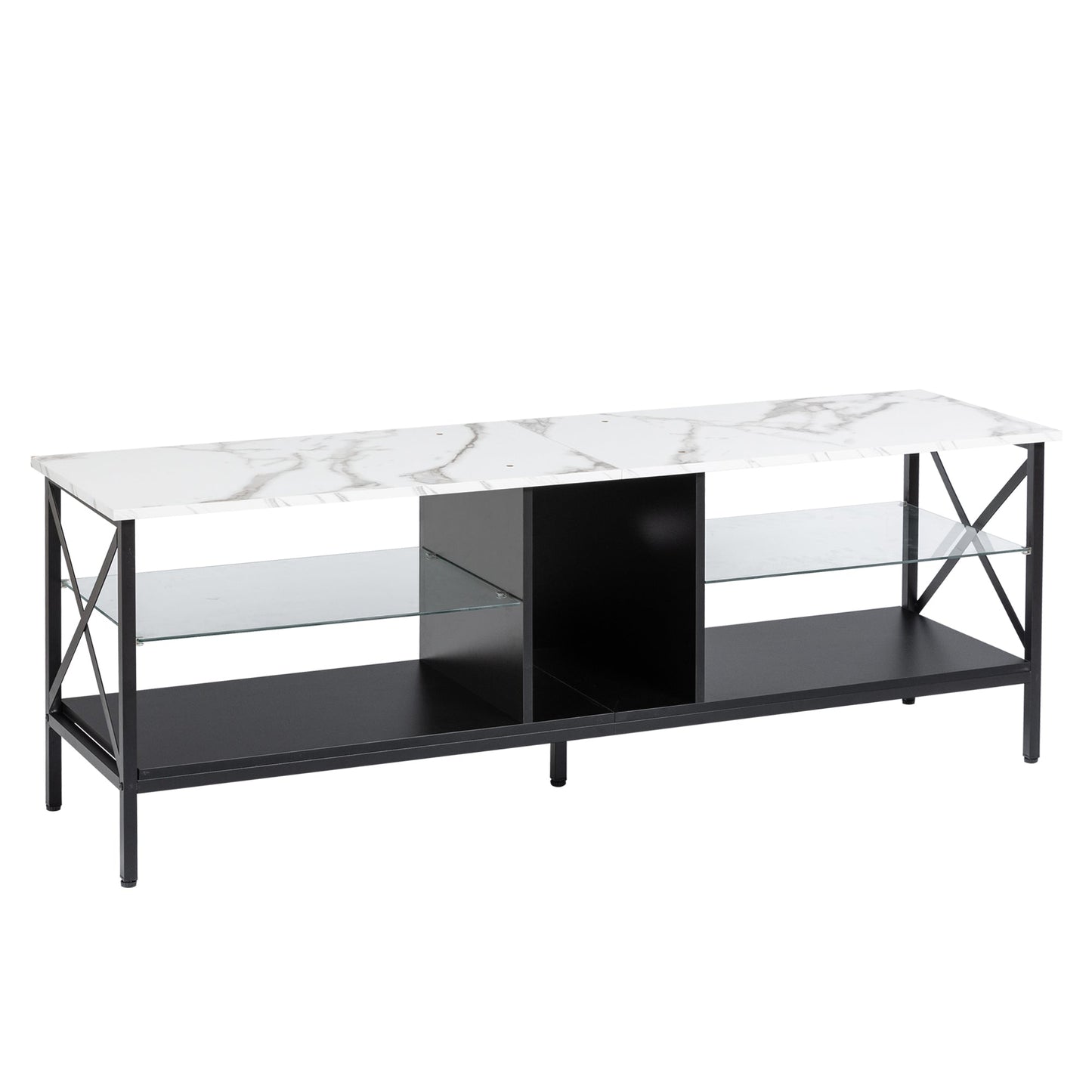 TV stand, Iron TV cabinet, entertainment center TV set, media console, with LED lights, remote control, toughened glass stand, color: white with marble texture