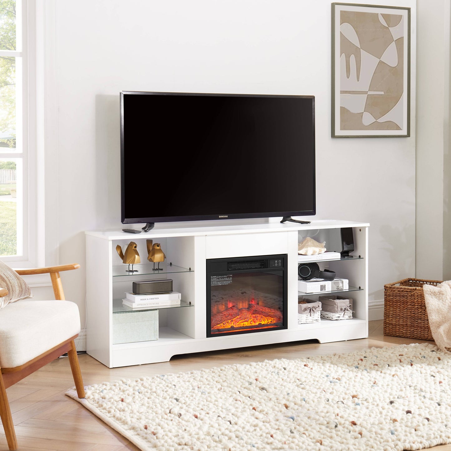 TV Stand Electric Fireplace TV Stand with Glass Shelves, 3D Fireplace TV Stand with LED Lights Wood with USB Charging Outlet Modern Television