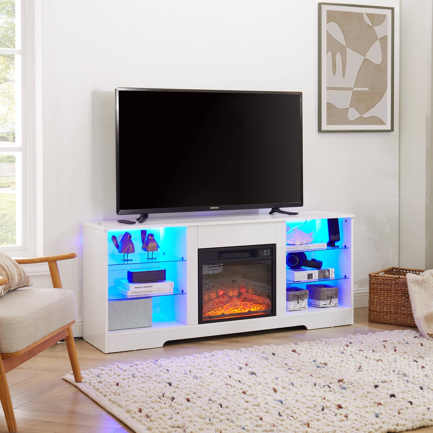 TV Stand Electric Fireplace TV Stand with Glass Shelves, 3D Fireplace TV Stand with LED Lights Wood with USB Charging Outlet Modern Television