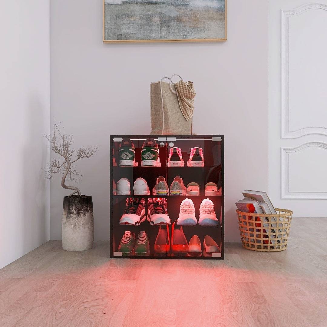 4 Layers Black Shoe Cabinet with Glass Door and Glass Layer