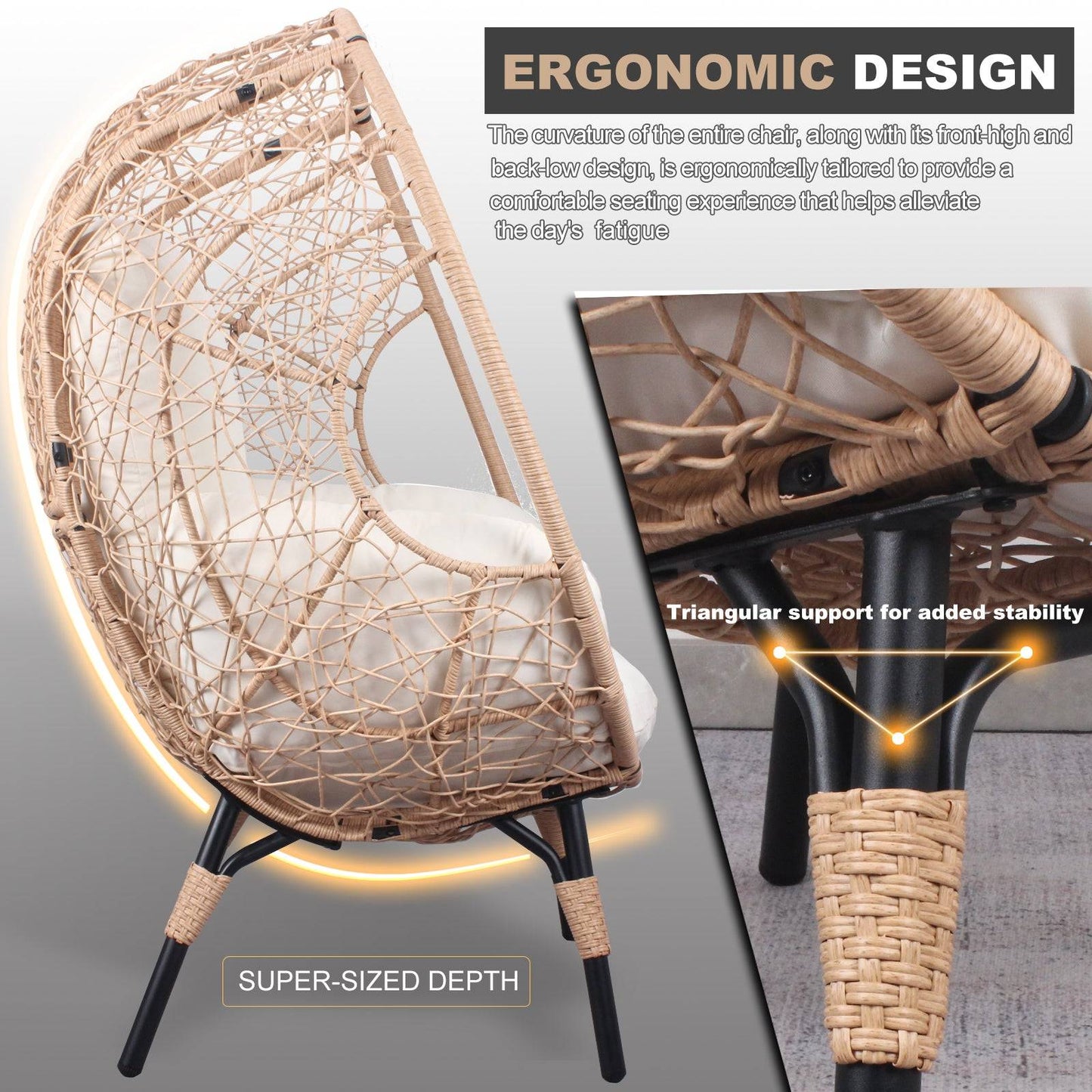 Patio PE Wicker Egg Chair Model 3 with Natural Color Rattan Beige Cushion